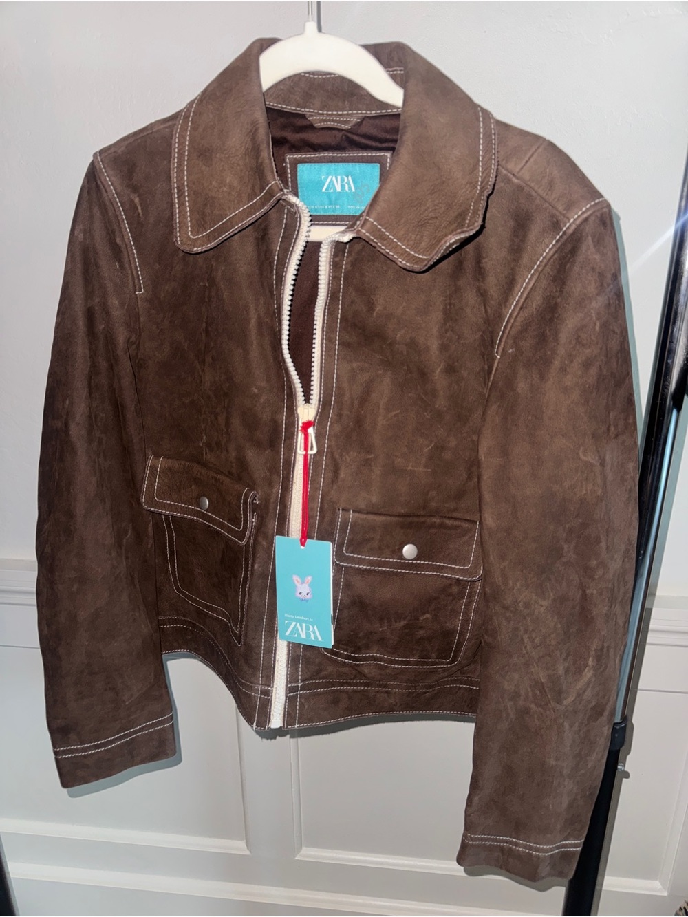 Zara x Harry Lambert Topstitched Leather Jacket Mens Small Brown NWT